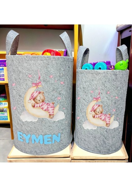 Kişiye Özel Isimli Gri Baskılı Büyük ve Orta Boy Bebek Çocuk Odası Oyuncak ve Çamaşır Sepeti