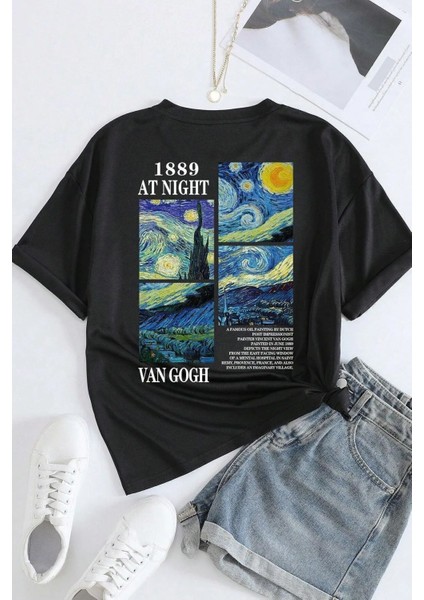 Unisex Van Gogh Yıldızlı Gece Sırt Baskılı Oversize T-Shirt