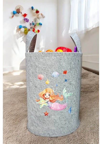 Deniz Kızı Desenli Bebek Çocuk Odası Düzenleyici Saklama Kutusu Oyuncak Kirli Sepeti 40X35 cm