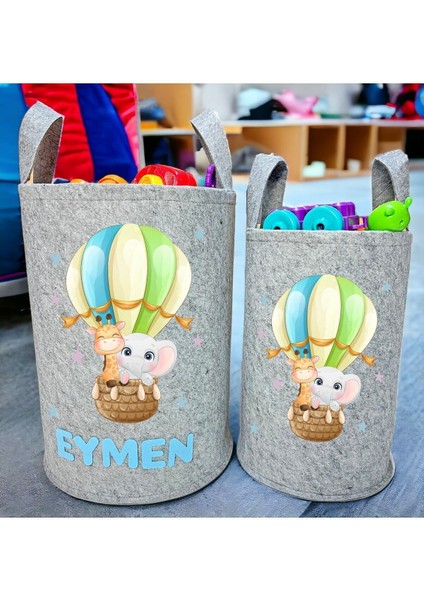 Unisex Kişiye Özel Isimli Gri Baskılı Büyük ve Orta Boy Bebek Çocuk Odası Oyuncak ve Çamaşır Sepeti