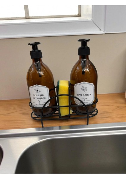 Standlı Bulaşık Deterjanı-Sıvı Sabunluk Etiketli 500 ml Cam Amber Sabunluk Seti