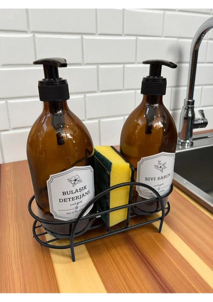 Standlı Bulaşık Deterjanı-Sıvı Sabunluk Etiketli 500 ml Cam Amber Sabunluk Seti fiyatları