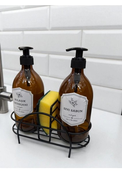Standlı Bulaşık Deterjanı-Sıvı Sabunluk Etiketli 500 ml Cam Amber Sabunluk Seti modelleri