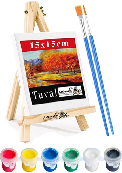 Mini Şövale 15X15 cm Tuval 3 ml Akrilik Boya 6 Renk ve Fırça 1 Paket 15X15 Mini Tuval Masaüstü Küçük Şövale Boyama Seti