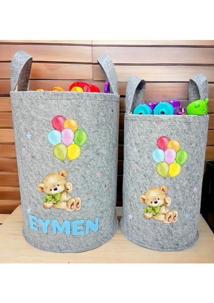 Unisex Kişiye Özel Isimli Gri Baskılı Büyük ve Orta Boy Bebek Çocuk Odası Oyuncak ve Çamaşır Sepeti