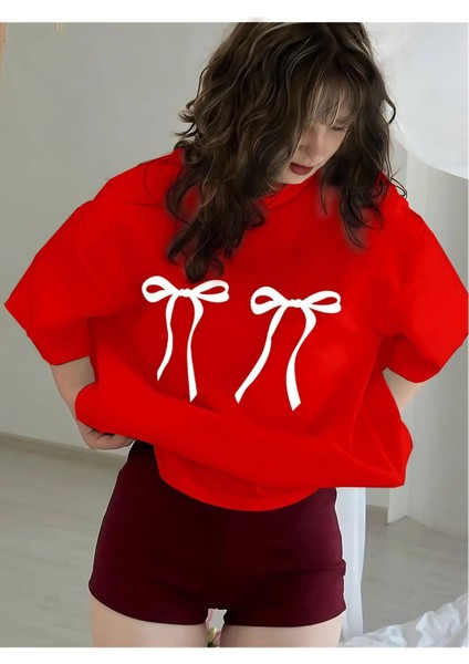 Kadın Çift Kurdele Baskılı Bisiklet Yaka Tshirt