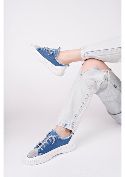 Damsel Bağcıklı Taşlı Kadın Günlük Denim Mavi Sneaker Spor Ayakkabı modelleri