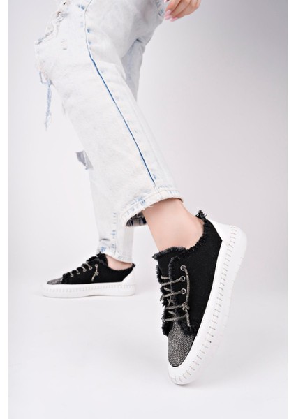 Damsel Bağcıklı Taşlı Kadın Günlük Denim Siyah Sneaker Spor Ayakkabı
