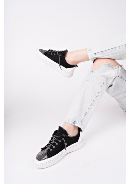 Damsel Bağcıklı Taşlı Kadın Günlük Denim Siyah Sneaker Spor Ayakkabı modelleri