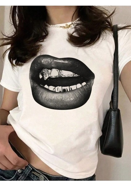 Kadın Baskılı Kısa Kollu Crop Tshırt Pamuklu 19