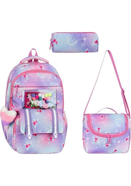 Ilkokul Çantası Kız Çocuk 3'lü Set 42*30 cm Beslenme Çantası Kalem Kutusu Ortopedik Su Itici Kumaş