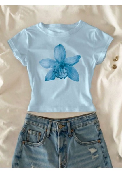 Kadın Baskılı Kısa Kollu Crop Tshırt Pamuklu 12