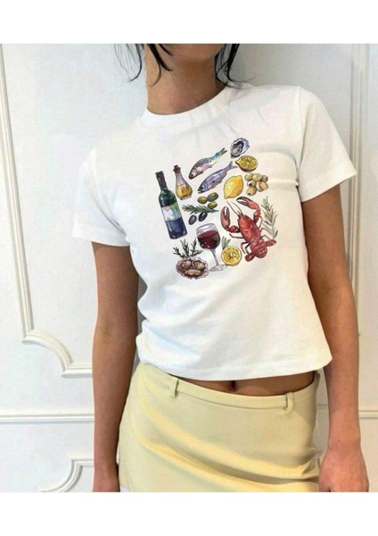 Kadın Baskılı Kısa Kollu Crop Tshırt Pamuklu 27