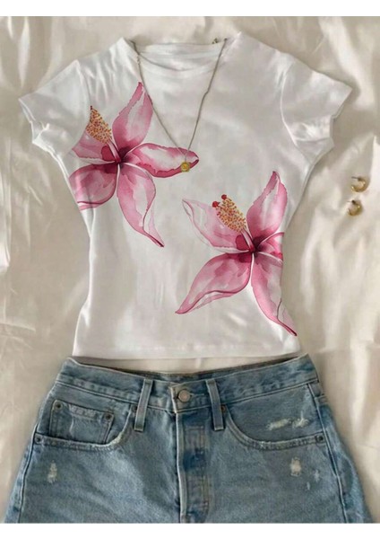 Kadın Baskılı Kısa Kollu Crop Tshırt Pamuklu 12