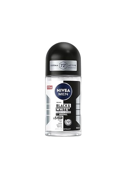 Men Erkek Roll On Deodorant Black & White Invisible Original 50 Ml, 72 Saat Anti-Perspirant T