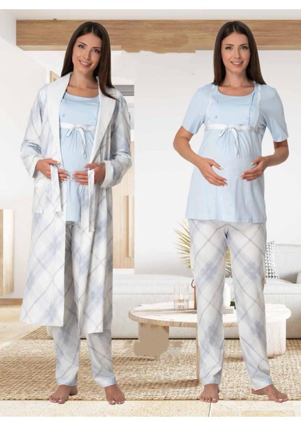 Dvina Effortt Lohusa Sabahlıklı Pijama Takımı Mavi - 6024