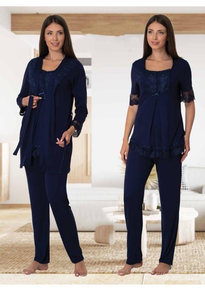 Dvina Effortt Lohusa Sabahlıklı Pijama Takımı Lacivert - 6034