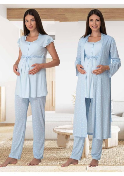 Dvina Effortt Lohusa Sabahlıklı Pijama Takımı Mavi - 6014