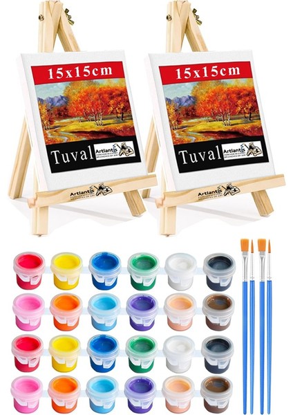 Mini Şövale 15X15 cm Tuval 3 ml Akrilik Boya 12 Renk ve Fırça 2 Adet 15X15 Mini Tuval Masaüstü Küçük Şövale Boyama Seti
