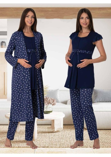 Dvina Effortt Lohusa Sabahlıklı Pijama Takımı Lacivert - 6014