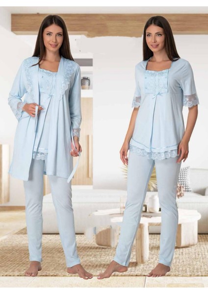 Dvina Effortt Lohusa Sabahlıklı Pijama Takımı Mavi - 6034