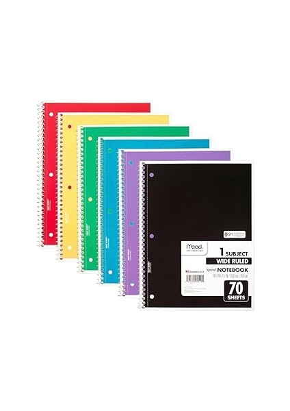 Mead Spiral Not Defteri, 6 Adet, 1 Göz, Geniş Çizgili Kağıt, 19,8 x 26,7 Cm, Not Defteri Başına 70