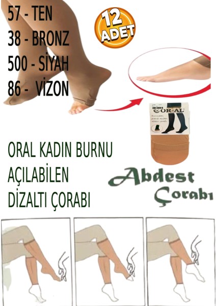 Kadın Diz Altı Burundan Pratik Açılan Abdest Çorabı 12 Adet Aynı Renk Teni Göstermez 4 Mevsim modelleri