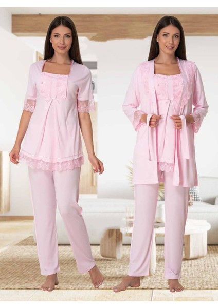 Dvina Effortt Lohusa Sabahlıklı Pijama Takımı Pembe - 6034