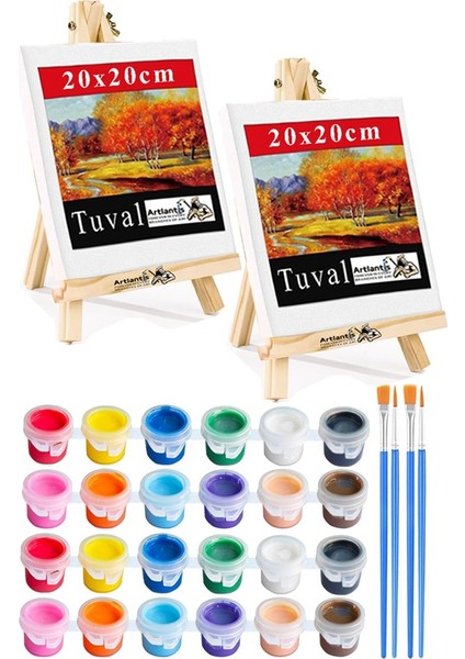 Mini Şövale 20X20 cm Tuval 3 ml Akrilik Boya 12 Renk ve Fırça 2 Adet 20X20 Mini Tuval Masaüstü Küçük Şövale Boyama Seti