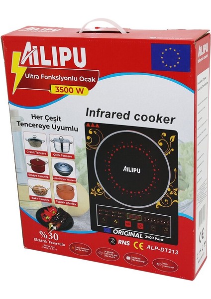 Dijital Tekli Elektrikli Ultra Fonksiyonlu Ocak 3500W Kızılötesi Pişirici Zamanlayıcı Dokunmatik ALP-DT213.GZPXB