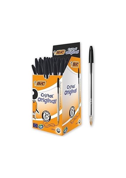 Cristal Medium Tükenmez Kalem Siyah 50'li Kutu, 1.0 mm Orta Kalınlıkta Uç, Şeffaf Gövde, Delikl