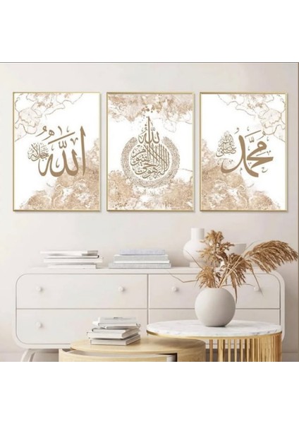 Altın Yaldızlı Allah Muhammed ve Ayet-El Kürsi 3'lü Cam Tablo Seti – Islami Minimalist Duvar Dekoru