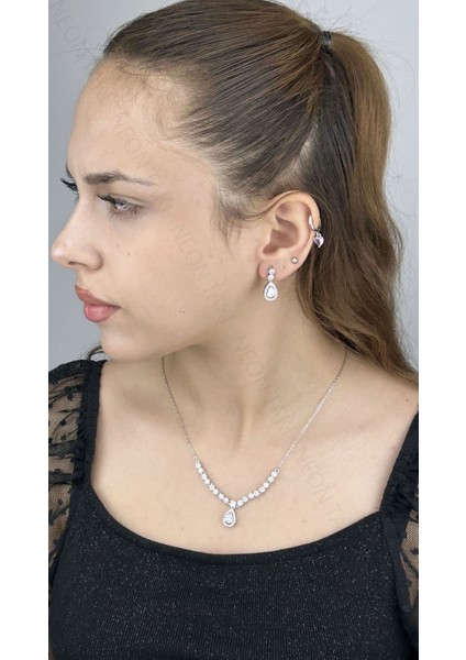 , Duyarlılık Etiketi ve Zirkon Taşlı, Rodyum Kaplama Kolye Küpe Seti 54, Gümüş Renk