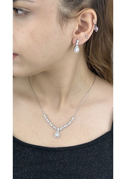 , Duyarlılık Etiketi ve Zirkon Taşlı, Rodyum Kaplama Kolye Küpe Seti 54, Gümüş Renk