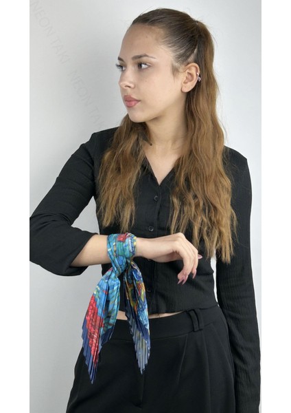 , Duyarlılık Etiketi ve Çok Renkli, Piliseli (Katlamalı) Fular 30, 48cmx48cm