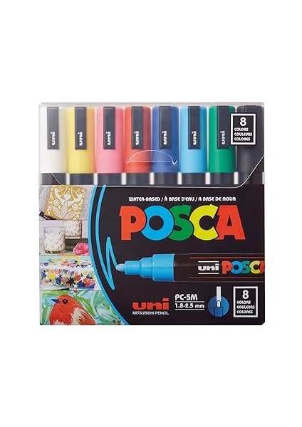 Uni-Ball® Posca Pc-5m Su Bazlı Boya Işaretleyicileri, Ters Çevrilebilir Orta Uç, Çeşitli Renkler, 8