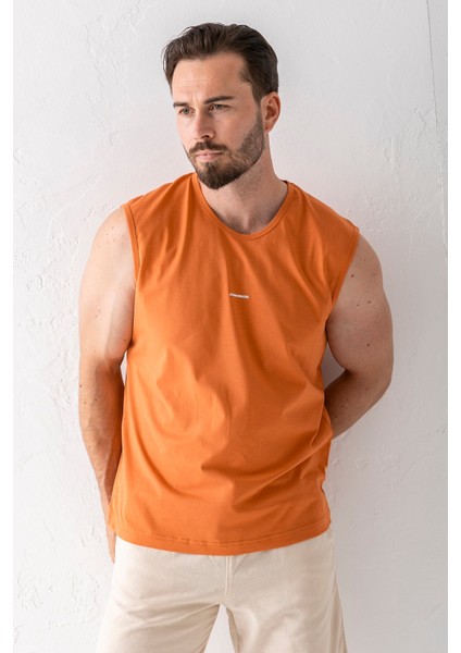 Erkek Bisiklet Yaka John Borners Baskılı Kolsuz T-Shirt Turuncu - 2752