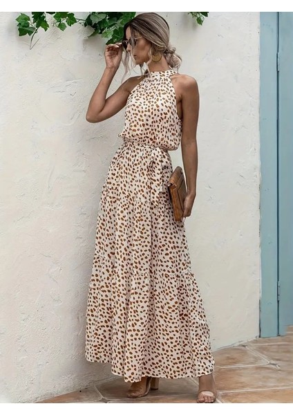 Kadın Daire Yakalı Beli Lastikli Desenli Süprem Elbise