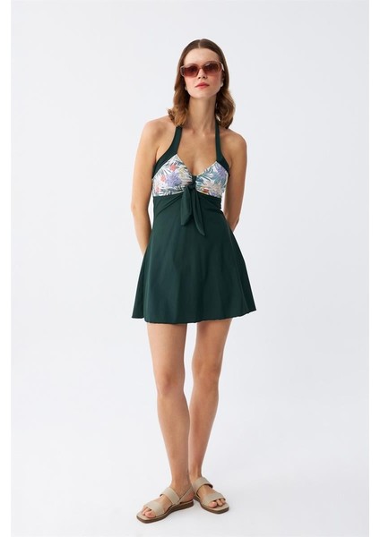 Kadın Çiçek Desenli Fiyonklu Haki Elbise Mayo modelleri