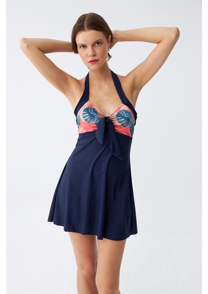 Kadın Tropikal Desenli Fiyonklu Lacivert Elbise Mayo fırsatları