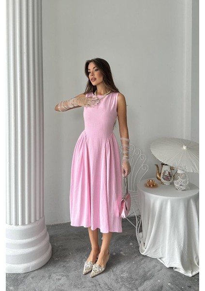 Pembe Yanları Büzgülü Midi Boy Keten Elbise modelleri