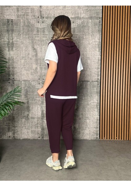 Grip&hug Kadın Kısa Kollu V Yakalı Kapşonlu Viskon Iki Iplik Bluz ve Pantolon Takım
