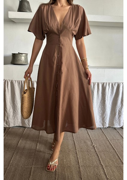 Keten V Yaka Önden Düğmeli Elbise - Kahverengi modelleri