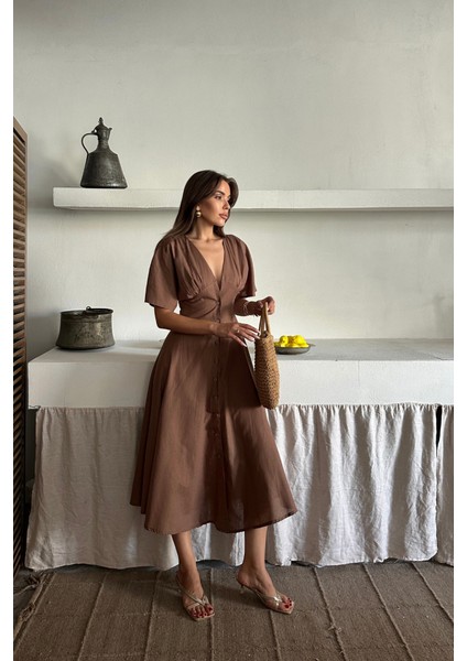 Keten V Yaka Önden Düğmeli Elbise - Kahverengi fırsatları