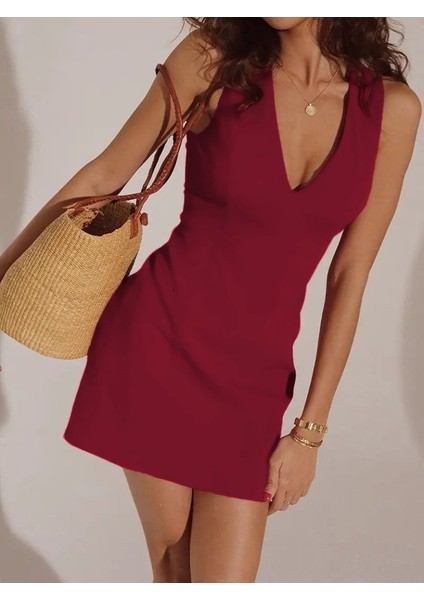 Kadın Sıfır Kollu Derin V Yakalı Janjan Krep Elbise