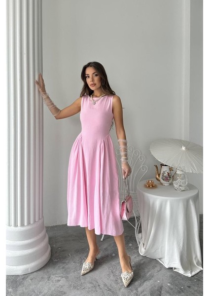 Pembe Yanları Büzgülü Midi Boy Keten Elbise