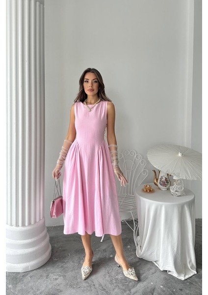 Pembe Yanları Büzgülü Midi Boy Keten Elbise fırsatları