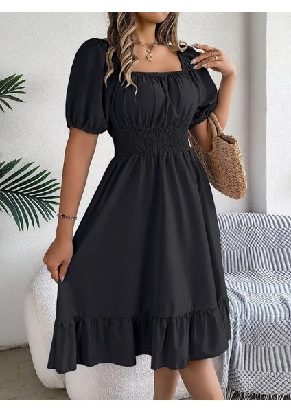 Kadın Kısa Kollu Kare Yakalı Beli Lastikli Kısa Trikoton Elbise fırsatları