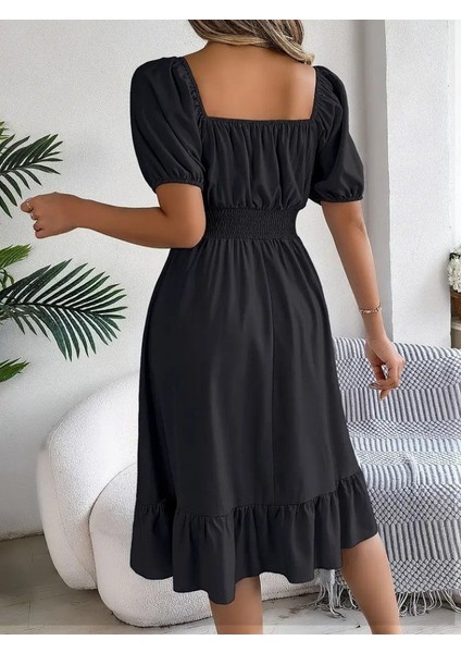 Kadın Kısa Kollu Kare Yakalı Beli Lastikli Kısa Trikoton Elbise indirimleri