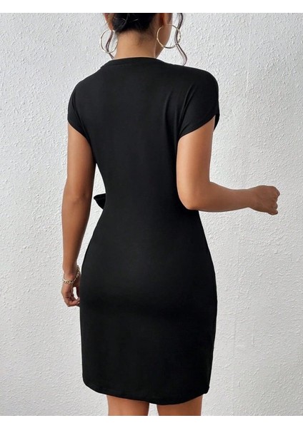 Kadın Kısa Kap Kollu Bisiklet Yaka Belden Bağlamalı Modal Mini Elbise